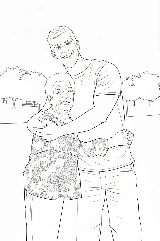 Personalized coloring page created from a real family photo